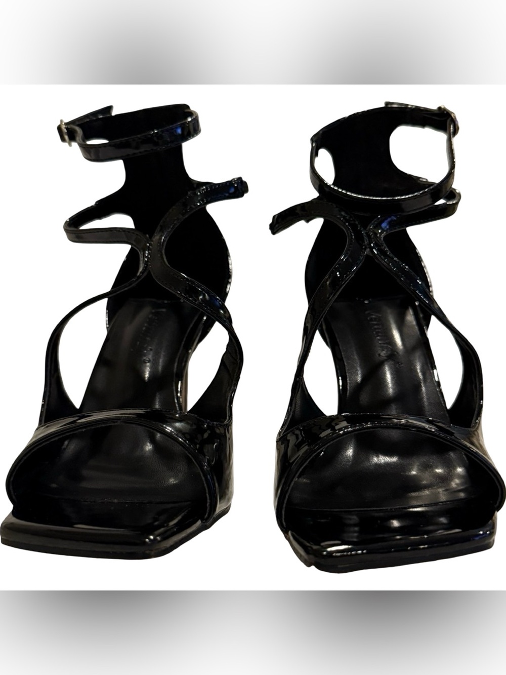 Vertundy Black Patent Strappy Stiletto Heels - Size 9 Square Open Toe Sandals - Picture 13 of 14